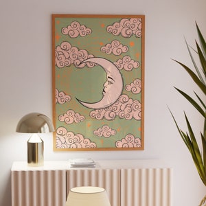 Cartel de la luna, decoración de los años 70, arte de la pared celestial, decoración linda del apartamento, arte de la pared retro, impresión de la luna vintage, decoración del dormitorio, arte de la pared de los años 70, arte digital