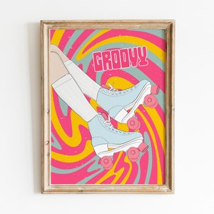 70er Skating Kunstdruck, Groovy Poster, Rollschuh Poster, 70er Wandkunst, Psychedelisches Poster, Retro 70er Wohndeko, 70er Deko, Bunt
