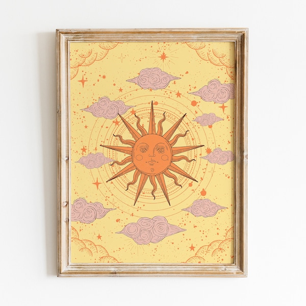 Puede incluir: Una ilustración de estilo vintage de un sol con cara, rodeado de nubes y estrellas sobre un fondo amarillo. El sol es naranja y las nubes son rosas.