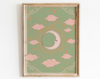Vintage Poster, Moon Poster, 70s Decor, Retro Home Decor, Celestial Wall Art, Witchy Art Print, Moon And Stars, 70s Wall Art, Antique Moon