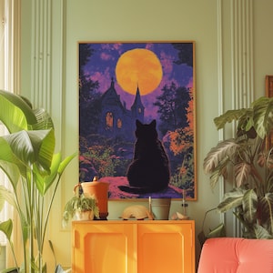 Mystical Black Cat Moon Art Print, Witchy Halloween Poster, Gothic Wall Decor with Full Moon and Enchanted Forest, Black Cat Wall Art