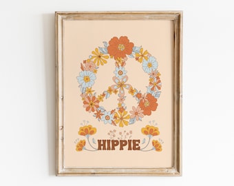 Póster floral del símbolo de la paz de los años 70: arte mural hippie retro