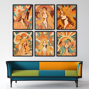 Conjunto de carteles de mujer hippie retro de los años 70, carteles de chicas hippie vintage de los años 70, conjunto de arte de pared estético hippie, flores retro de los años 70, colorido y elegante