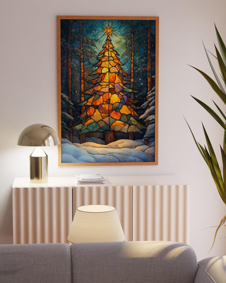 Warm Christmas Tree Poster Print, Winter Christmas Forest Painting