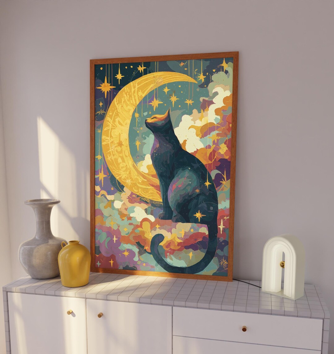 黒猫と月のアートプリント 黒猫の月プリント：天空の星空ウォールアート - Etsy 日本 その他