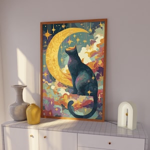 Mond und Katze Kunstdruck: Himmlische Dekoration fürs Kinderzimmer
