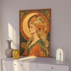 Art Nouveau Moon Goddess Wall Art, Boho Celestial Woman Portrait, Mystical Divine Feminine Wall Art, Retro Aesthetic Print, Earthy Tones Art