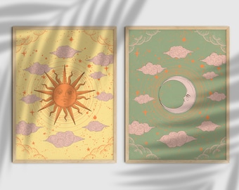 Retro Sonne und Mond Print Set: 70s Celestial Wall Art, Vintage Poster (Digitaler Download)