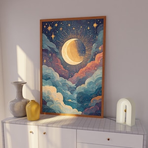 Lámina de luna creciente dorada, póster de luna celestial mística, paisaje de cielo estrellado, nubes de ensueño, decoración de dormitorio bohemia