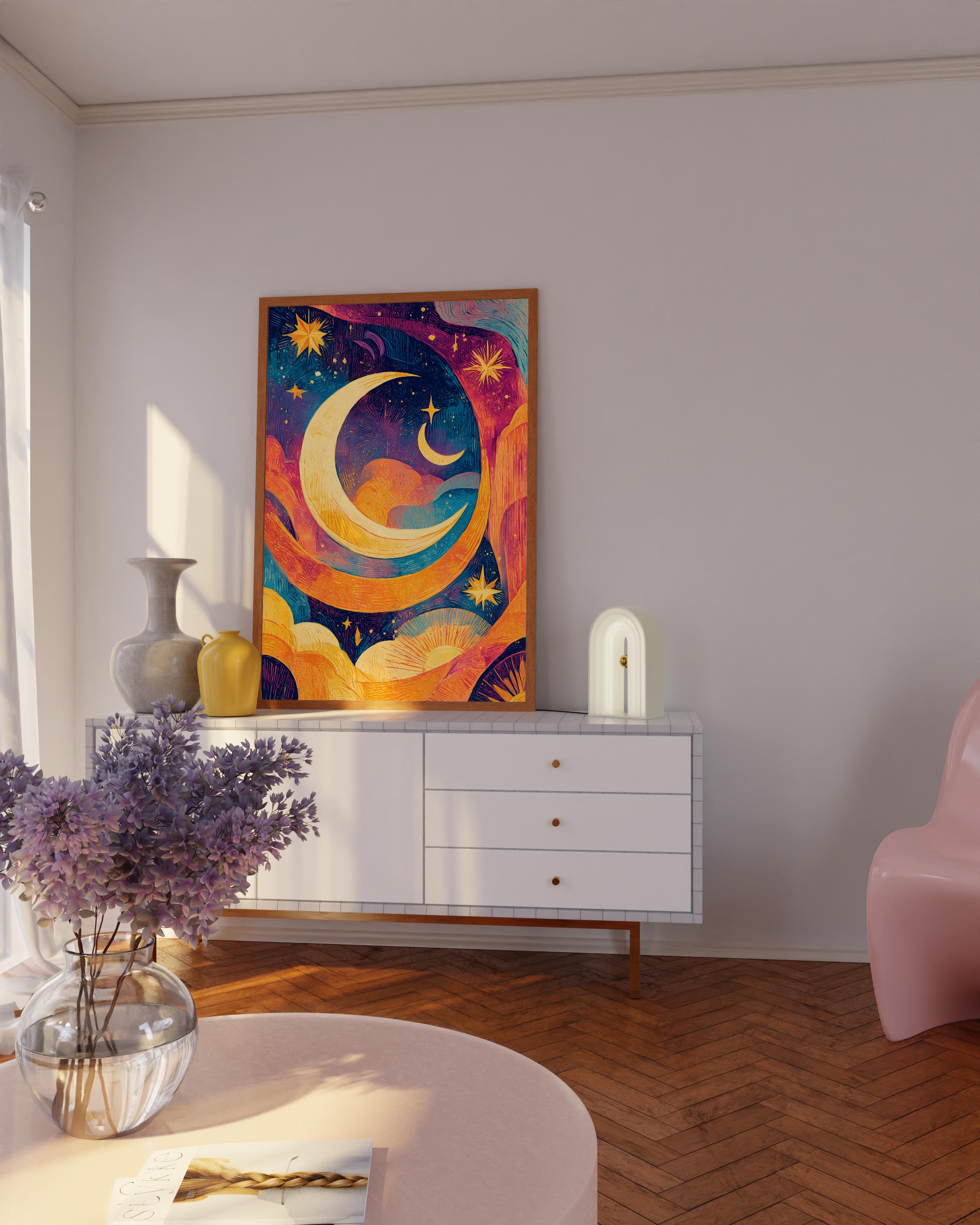 Crescent Moon Art Print: Hand Drawn Celestial Landscape - Etsy