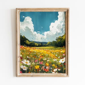 Cottagecore Nature Printable Wall Art, Colorful Wildflower Meadow Painting, Vibrant Summer Landscape Wall Art, Floral Field Digital Wall Art
