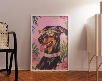 Maximalist Dog Poster, Cool Doberman Dog Wall Art, Preppy Pink