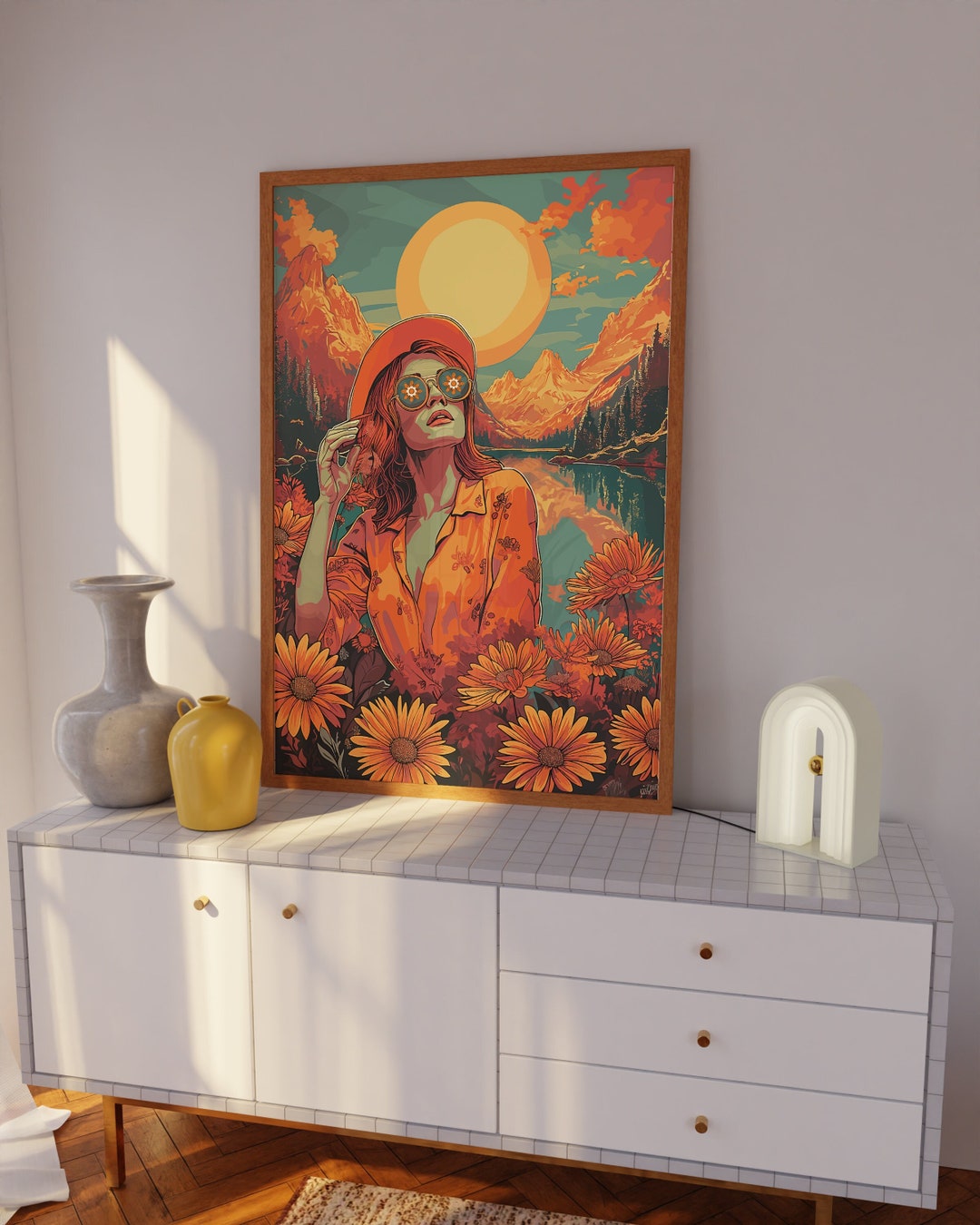 1970s Wall Art, 70s Hippie Woman Digital Art Print, Retro Floral Printable Wall Art, 70s Decor ...