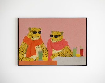 Leopard Lounge kunst aan de muur, retro pastel dierenprint, grillig boho-volksdecor