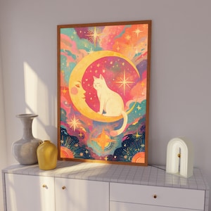 Kunstdruck Mond und Katze: Traumhafte Dekoration fürs Kinderzimmer