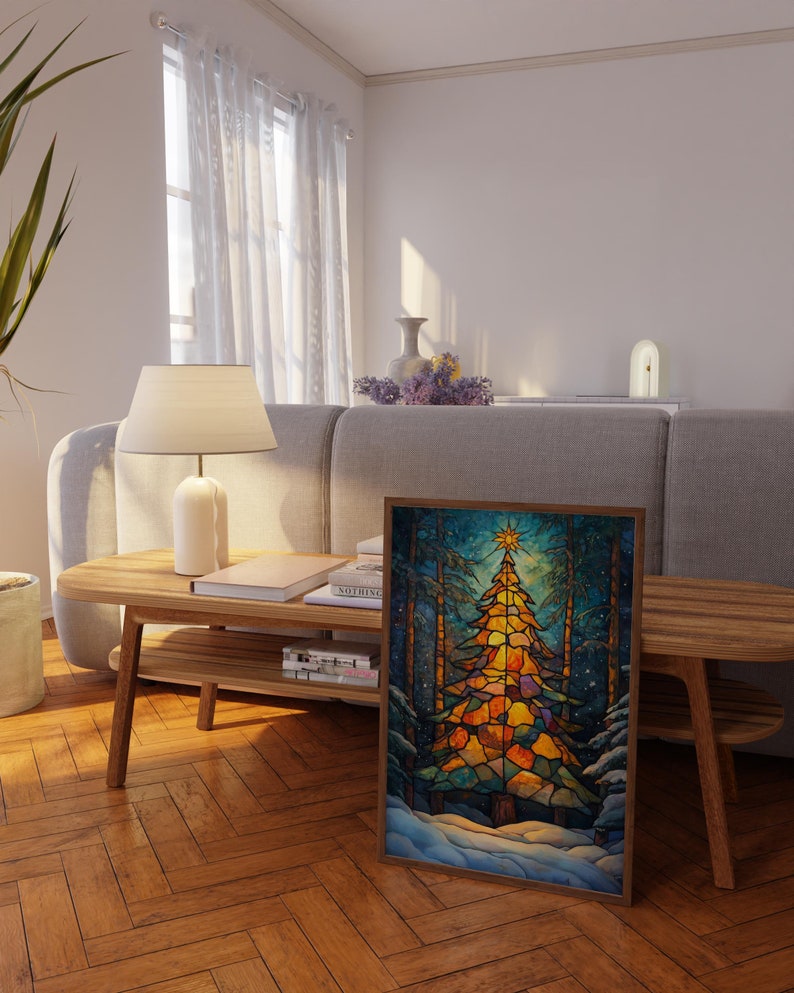 Warm Christmas Tree Poster Print, Winter Christmas Forest Painting