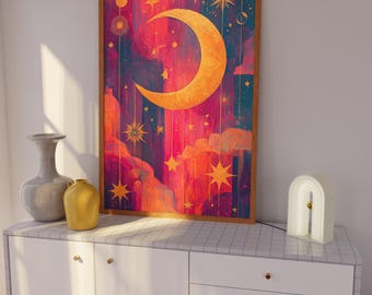 Crescent Moon Wall Art: Celestial Starry Night Print