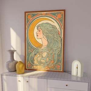 Art Nouveau Moon Woman Print, Decorative Vintage Style Wall Art, Golden Crescent Moon, Divine Feminine Celestial Portrait Print Gift For Her
