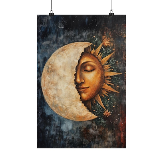 太陽と月の顔のアートプリント：ボヘミアン風天体壁飾り - Etsy 日本