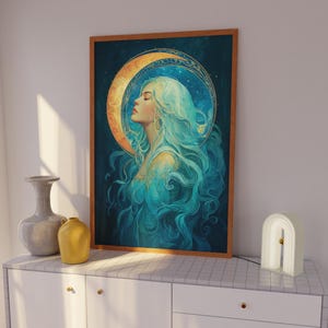 Moon Goddess Fantasy Art Print, Retro Celestial Woman Aesthetic Wall Art, Crescent Moon Painting, Divine Feminine Poster