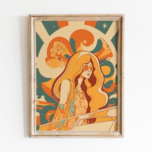 70s Poster, Aesthetic Room Decor, 70s Hippie Woman Wall Art, Vintage Poster, Retro Inspired Wall Art, Groovy Poster, Colorful Flowers Print