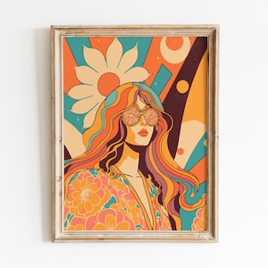 Póster de los años 70, arte de pared de chica hippie de los años 70, decoración de habitación estética, póster moderno, arte de pared de inspiración retro, póster vintage, impresión de flores de colores