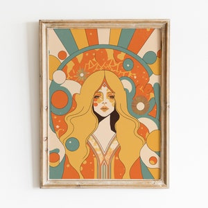 Arte de pared de inspiración retro, arte de pared de chica hippie de los años 70, póster de los años 70, decoración estética de la habitación, póster vintage, póster moderno, impresión de flores de colores