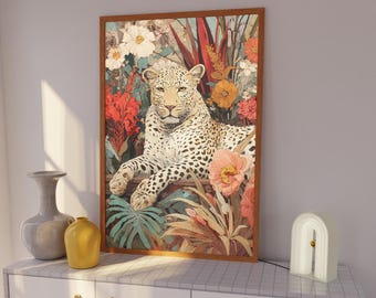 Leopard Floral Art Print: Maximalist Vintage Botanical Wall Decor