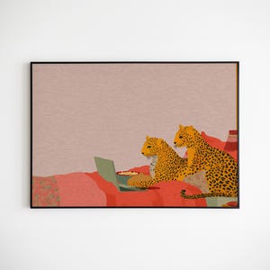 Cozy Leopard Wall Art Print: Whimsical Animal Home Decor, Warm Retro Bedroom Scene