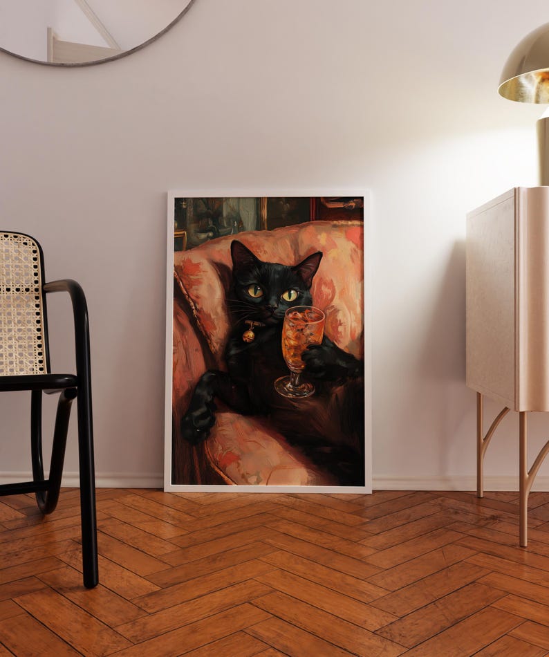 Black Cat Cocktail Art Print: Vintage Chic Maximalist Decor - Etsy
