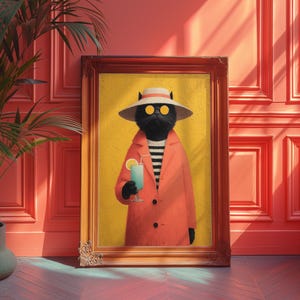 Gato negro, arte mural maximalista, póster de cóctel caprichoso, decoración original para el hogar, estampado divertido de gato, pintura al óleo estética rosa y amarilla de gato, regalo
