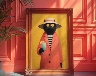 Black Cat Cocktail Art Print: Whimsical Maximalist Home Decor