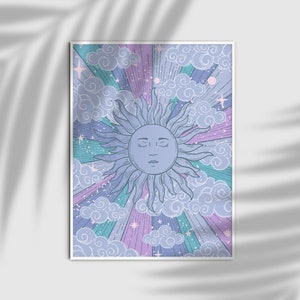 Pu&ograve; includere: Un'illustrazione digitale di un sole con un viso e gli occhi chiusi, circondato da nuvole e stelle in tonalit&agrave; di blu, rosa e verde.