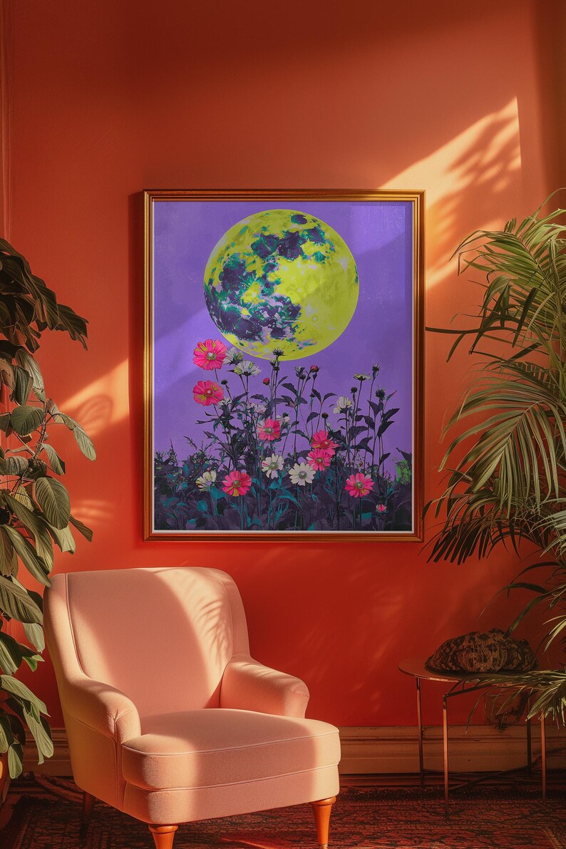 Retro Aesthetic Moon Poster, Colorful Unique Moon Print, Mystical Moon