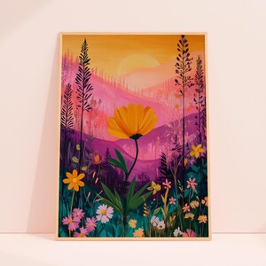Colorful Spring Digital Art Print, Wildflower Sunset Painting, Floral Mountain Landscape Art, Abstract Nature Print, Whimsical Meadow Print