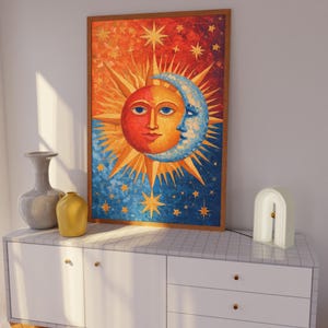 Surreal Sun Moon Face Print, Sun And Moon Celestial Wall Art, Maximalist Aesthetic Poster, Retro Cosmic Home Decor, Vintage Sun Moon Stars