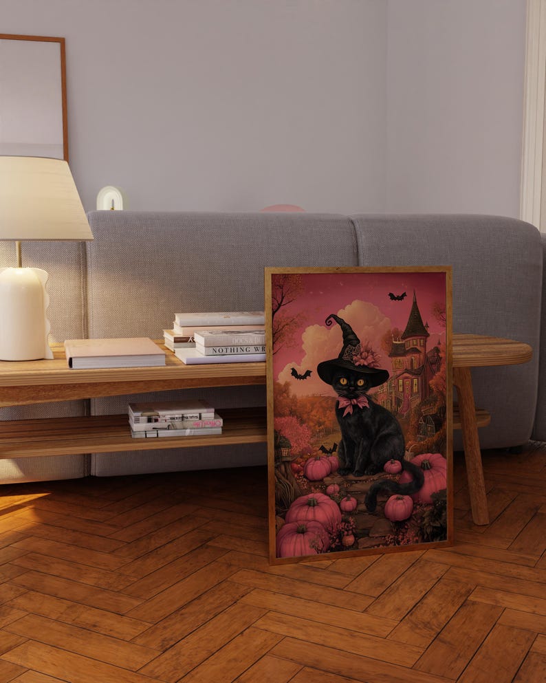 Halloween Black Cat Witch Art Print, Cute Black Cat Pink Pumpkins