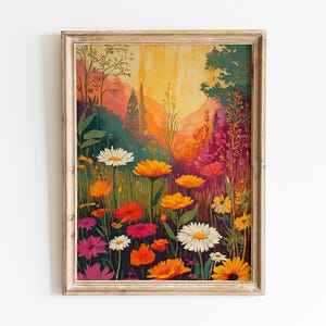 Sunset Wildflower Landscape Digital Art Print, Retro Vibrant Floral Meadow Wall Decor, Summer Nature Scene Printable Poster