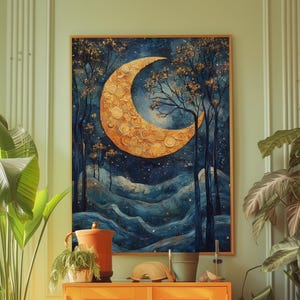 Abstrakte Kunst, Goldener Halbmond Mond, Sternennacht Landschaft, Druck, mystische Landschaft, himmlische Wohnkultur, Mondschein