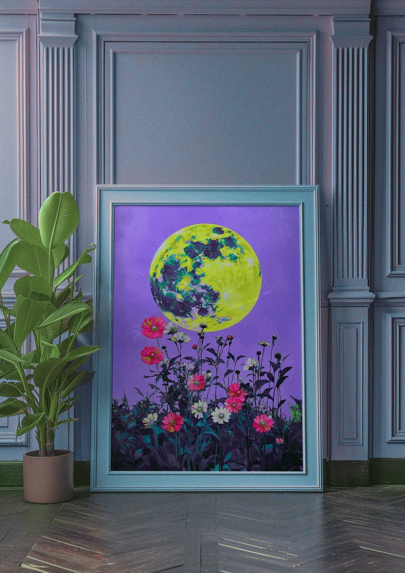 Retro Aesthetic Moon Poster, Colorful Unique Moon Print, Mystical Moon