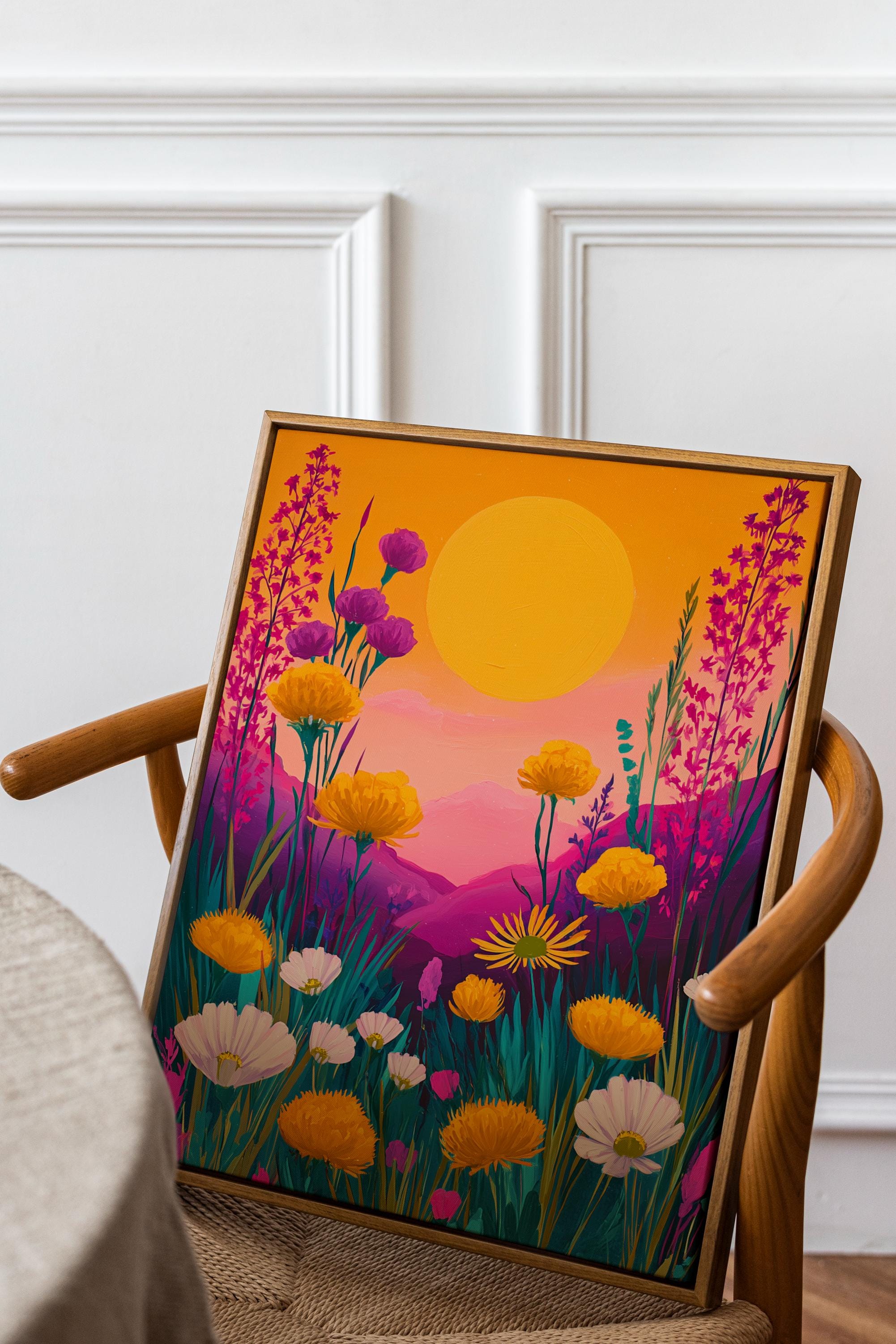 Sunset Wildflower Field Printable Oil Painting Wall Art, Vibrant Floral ...