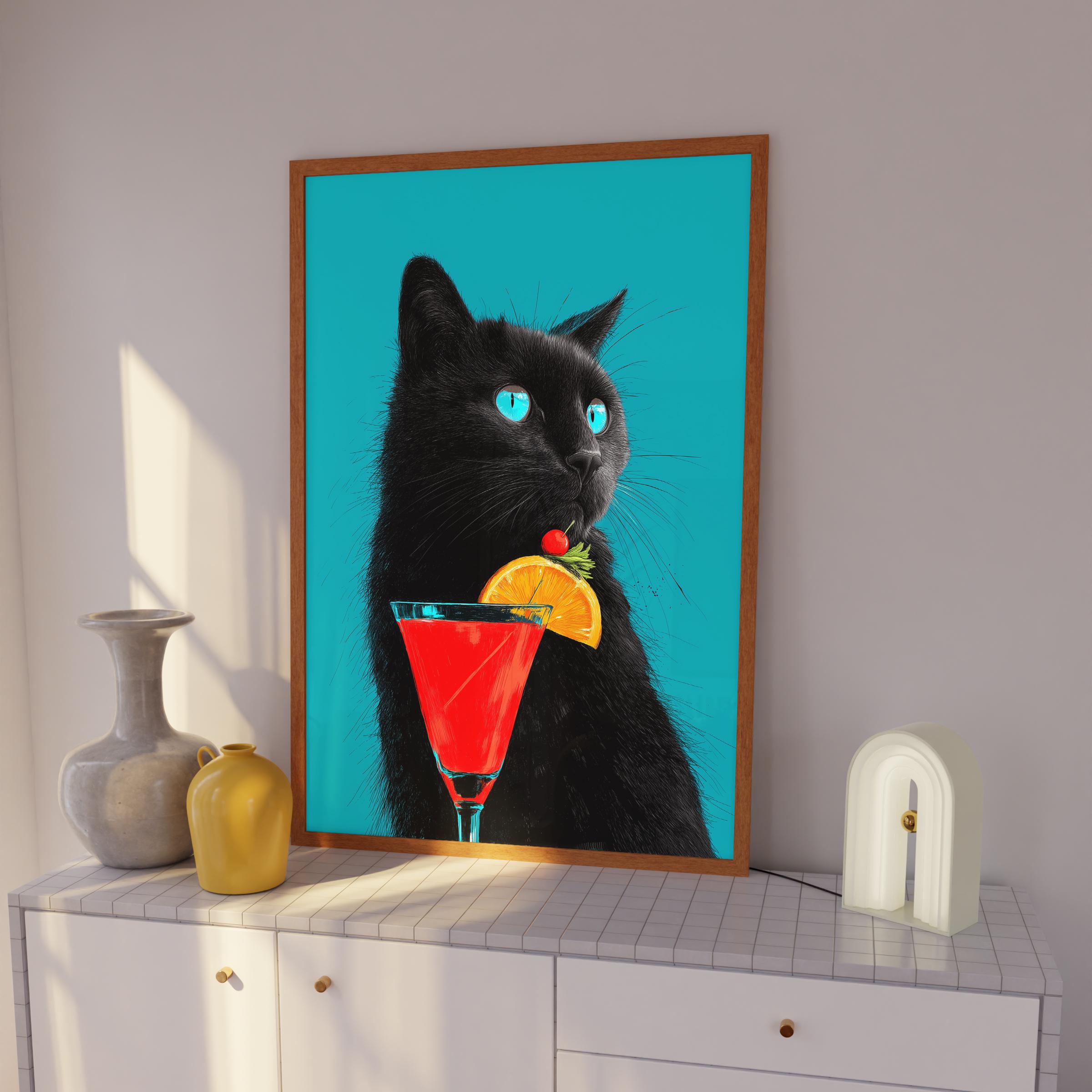 Whimsical Black Cat Cocktail Art Print: Quirky Home Decor - Etsy