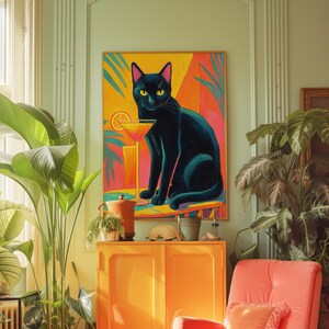 黒猫のポスター、カクテルアートプリント、気まぐれで風変わりなホームデコレーション、マキシマリストなウォールアート、面白い猫のプリント、猫好きの方への素敵なギフトアイデア