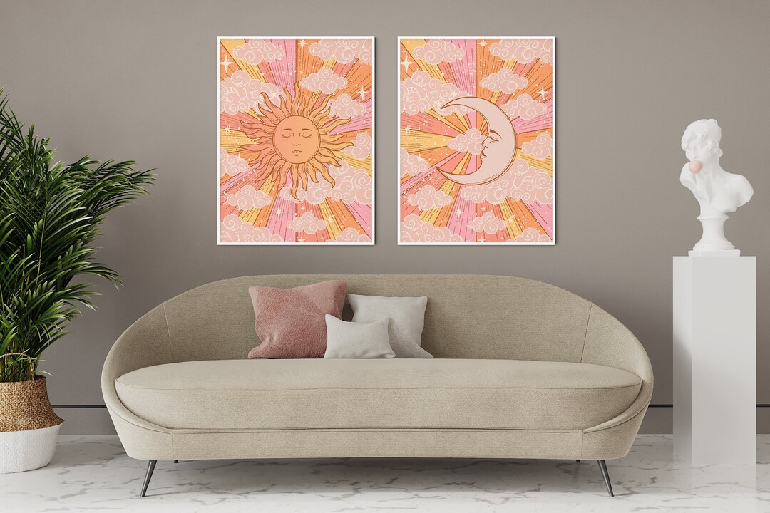 Sun and Moon Decor, Retro Aesthetic Home Decor, Celestial Wall Art
