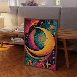 Arte de pared de luna creciente colorida, impresión de estrellas celestiales dibujadas a mano, póster maximalista, decoración cósmica de dormitorio con colores vibrantes, luna para habitación de bebé