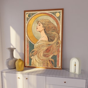 Art Nouveau Style Portrait Decorative Wall Art, Celestial Moon Woman Print, Divine Feminine Art, Vintage Home Decor, Golden Crescent Moon