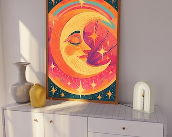 Crescent Moon & Stars Wall Art: Abstract Celestial Poster