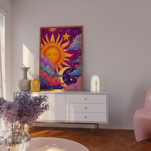 Cosmic Sun and Moon Art Print: Celestial Retro Decor