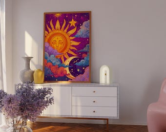 Cosmic Sun and Moon Art Print: Celestial Retro Decor