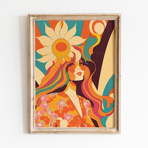 Arte de pared de mujer hippie de los años 70, póster de los años 70, decoración estética de la habitación, póster moderno, arte de pared de inspiración retro, póster vintage, impresión de flores de colores